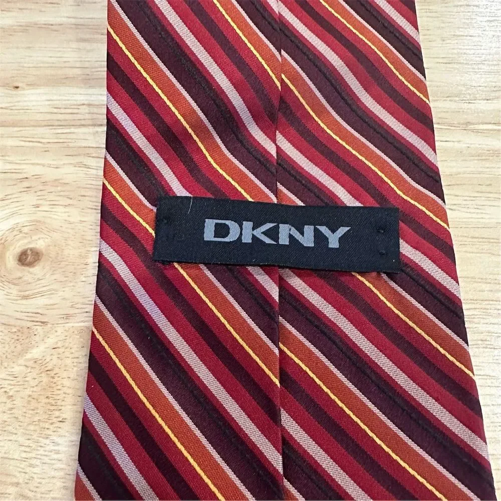 DKNY Men's‎ Striped Silk Tie Red Orange Burgundy Classic Length
